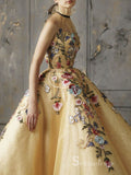 Chic Ball Gown High Neck Gold Long Prom Dresses Embroidery Evening Gowns MHL172|Selinadress