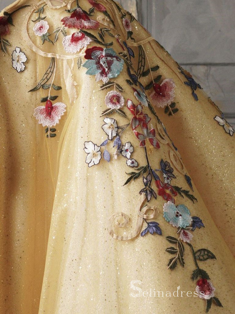 Chic Ball Gown High Neck Gold Long Prom Dresses Embroidery Evening Gow SELINADRESS Chic Ball Gown High Neck Gold Long Prom Dresses Embroidery Evening Gow SELINADRESS