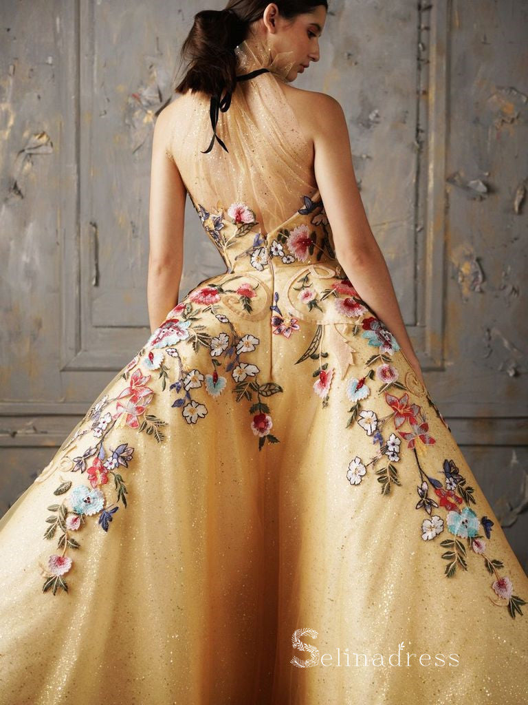 Chic Ball Gown High Neck Gold Long Prom Dresses Embroidery Evening Gowns MHL172 Chic Ball Gown High Neck Gold Long Prom Dresses Embroidery Evening Gowns MHL172
