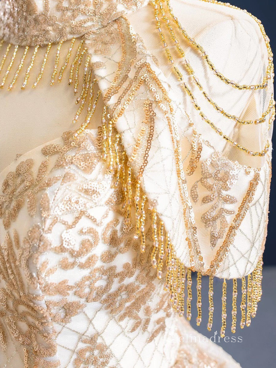 Chic Ball Gown High Neck luxury Long Prom Dress Sparkly Gold Evening G SELINADRESS Chic Ball Gown High Neck luxury Long Prom Dress Sparkly Gold Evening G SELINADRESS