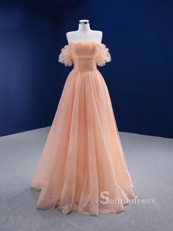 Chic Ball Gown luxury Princess Long Prom Dress Strapless Peach Long Evening Gowns MLSD004|Selinadress