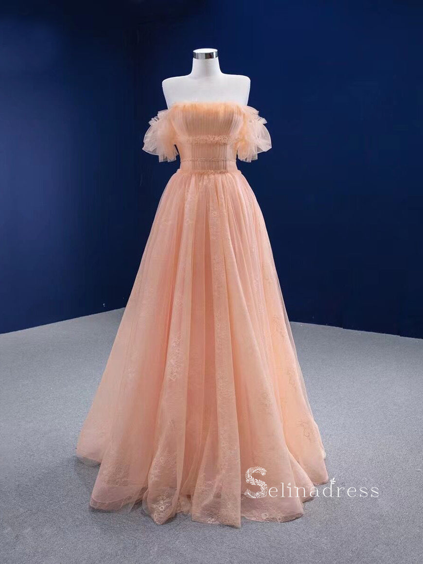 peach graduation dresses A-line Peach Organza Beaded Spaghetti Straps Long Evening Prom Dresses,  MR8177 main image 0