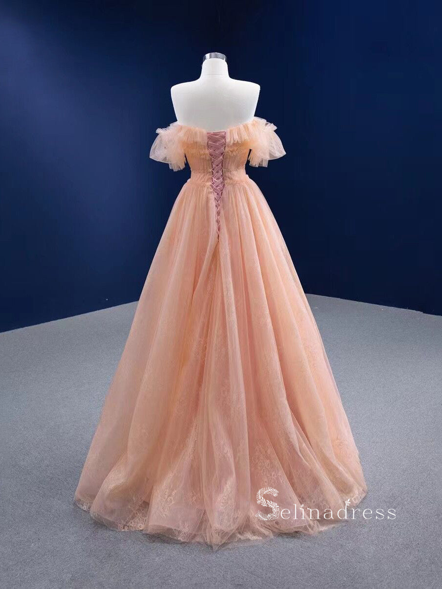 Elegant Peach Lace Floor Length Evening Dresses Off The Shoulder Prom –  alinanova