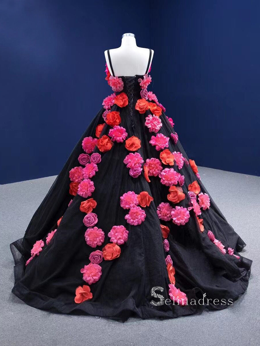 Chic Ball Gown luxury Princess Prom Dress With Hand Made Flower Black SELINADRESS Chic Ball Gown luxury Princess Prom Dress With Hand Made Flower Black SELINADRESS