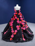 Chic Ball Gown luxury Princess Prom Dress With Hand Made Flower Black Long Evening Gowns MLSD003|Selinadress