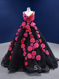 Chic Ball Gown luxury Princess Prom Dress With Hand Made Flower Black Long Evening Gowns MLSD003|Selinadress