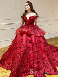 Chic Off-the-Shoulder Ball Gown Prom Dresses Applique Burgundy Evening Dress CBD378|Selinadress
