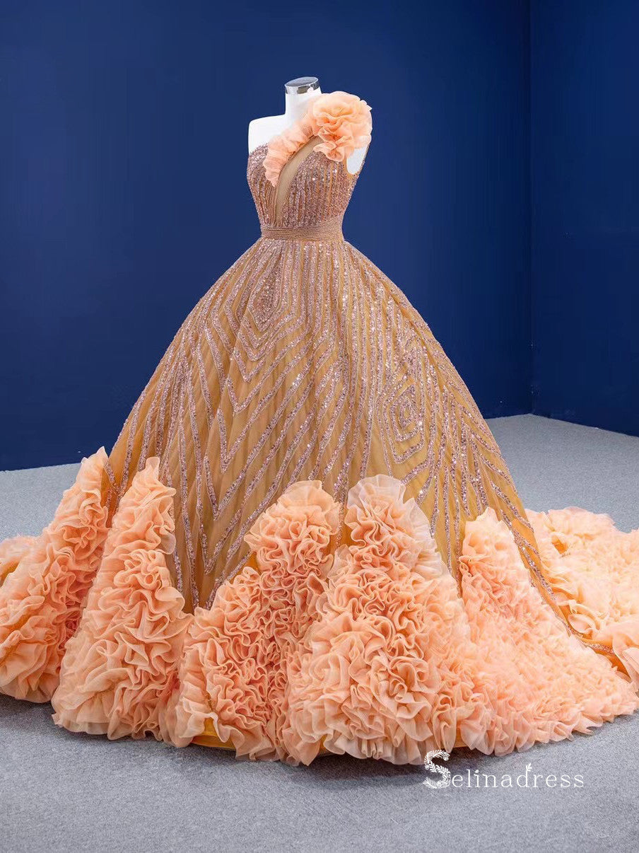 Chic Ball Gown One Shoulder luxury Long Prom Dress Orange Evening Gown SELINADRESS Chic Ball Gown One Shoulder luxury Long Prom Dress Orange Evening Gown SELINADRESS