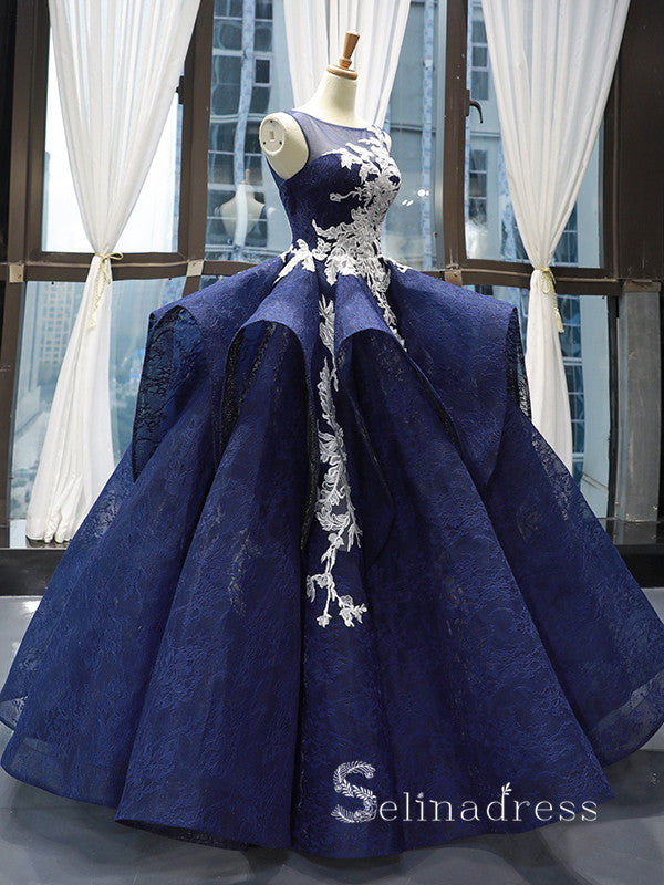 Chic Ball Gown Scoop luxury Prom Dress Applique Lace Dark Navy Prom Dr – SELINADRESS Chic Ball Gown Scoop luxury Prom Dress Applique Lace Dark Navy Prom Dr – SELINADRESS