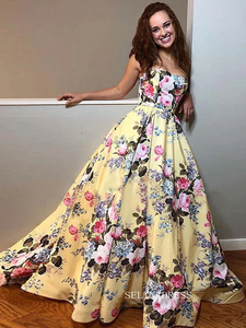 Chic Beautiful A-line Long Prom Dresses Strapless Yellow Flower Evening Dresses jkw235|Selinadress