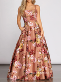 Chic Beautiful A-line Spaghetti Straps Long Prom Dresses Pink Flower Evening Dresses jkw234|Selinadress