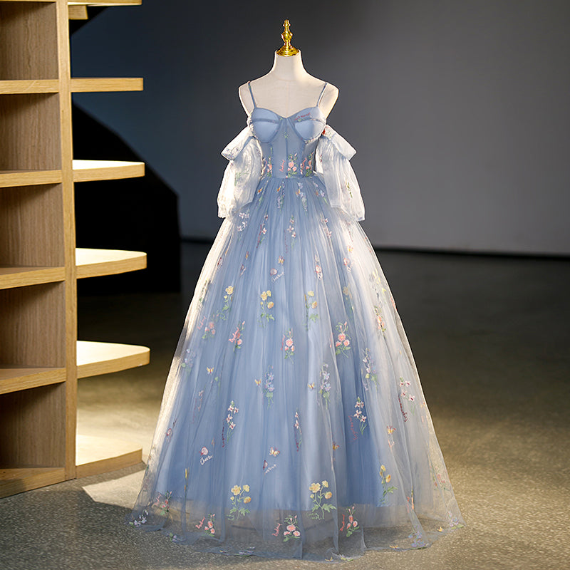 beautiful blue dress Tulle Long A-Line Prom Party Dress, Blue Evening The bold slit introduces a hint of allure floral blue dress for women