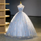Chic Beautiful Blue Ball Gown Elegant Princess Dress Floral Lace Evening Dress #LOP286|Selinadress