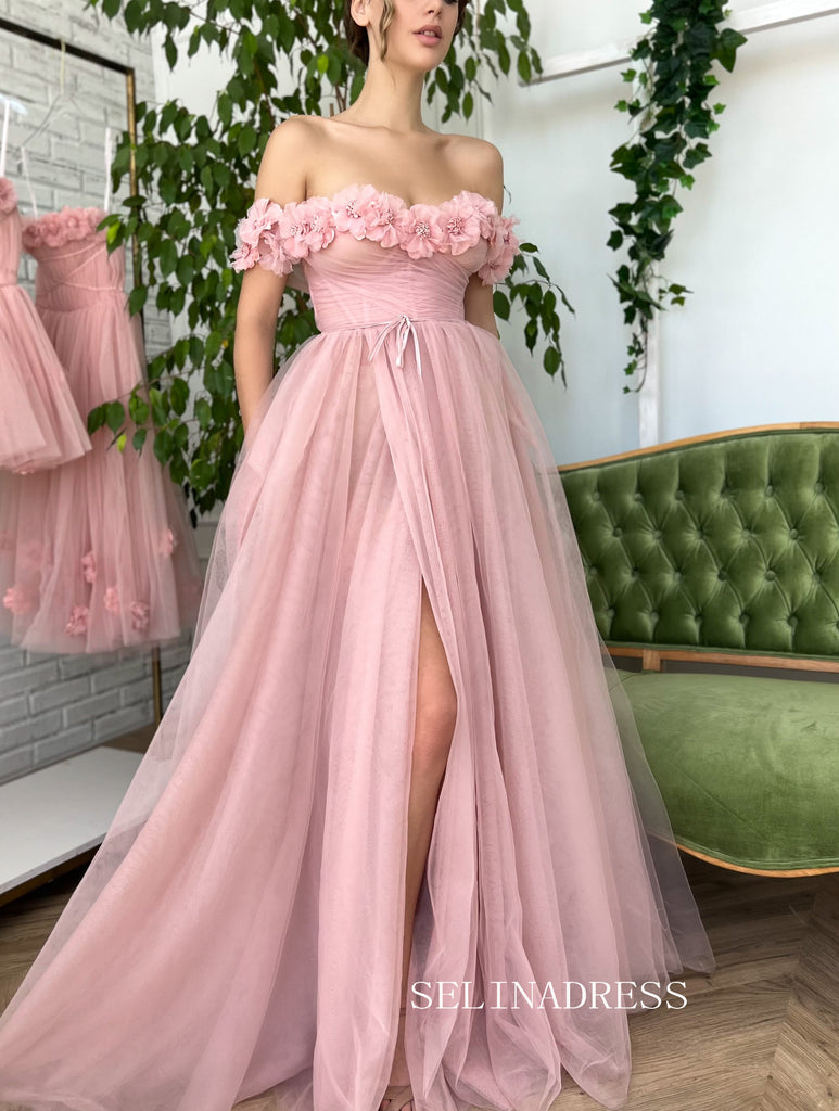 Chic Beautiful Long Prom Dress With Flower Off-the-shoulder Pink Princ – SELINADRESS