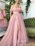 Chic Beautiful Long Prom Dress With Flower Off-the-shoulder Pink Princess Formal Dress Evening Dress JKSS43|Selinadress