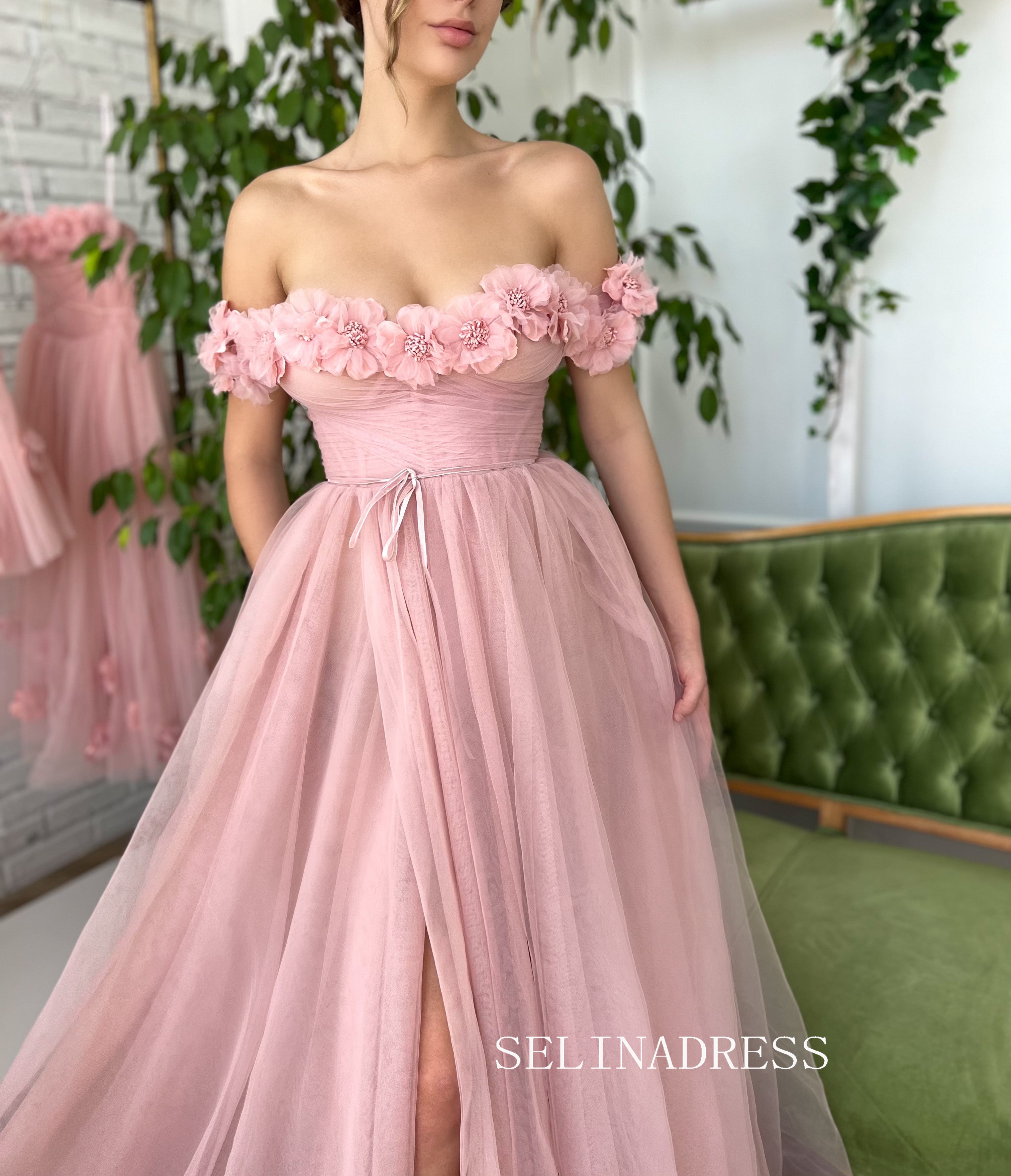 Chic Beautiful Long Prom Dress With Flower Off-the-shoulder Pink Princess Formal Dress Evening Dress JKSS43 Chic Beautiful Long Prom Dress With Flower Off-the-shoulder Pink Princess Formal Dress Evening Dress JKSS43