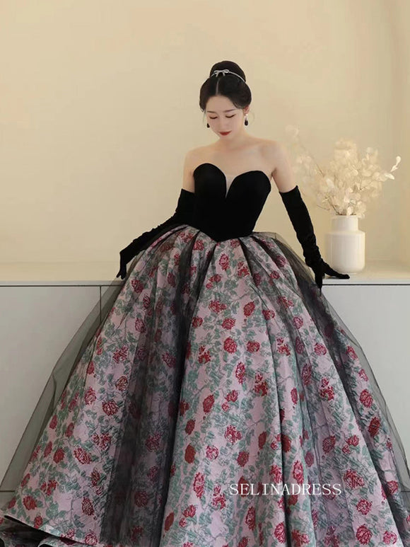 Chic Black Sweetheart Long Prom Dress Floral Ball Gown Elegant Evening Dress #QWE055|Selinadress