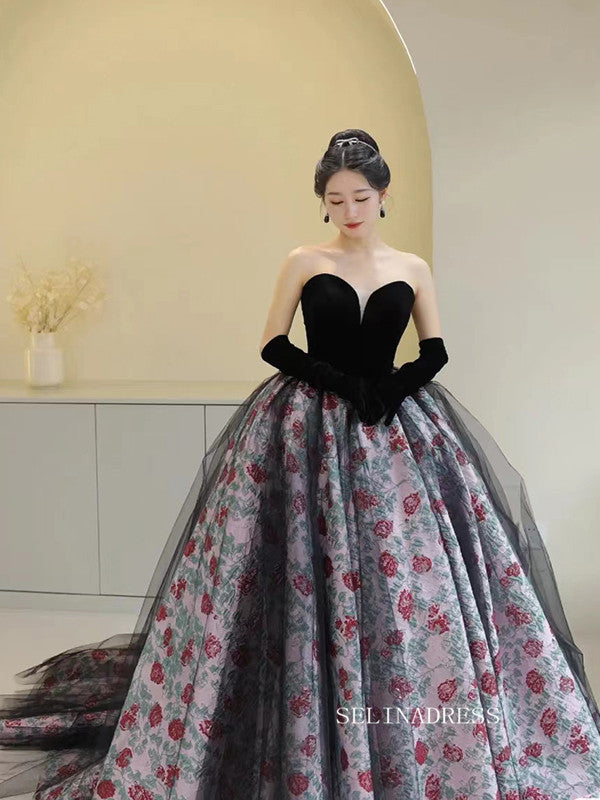Chic Black Sweetheart Long Prom Dress Floral Ball Gown Elegant Evening SELINADRESS Chic Black Sweetheart Long Prom Dress Floral Ball Gown Elegant Evening SELINADRESS