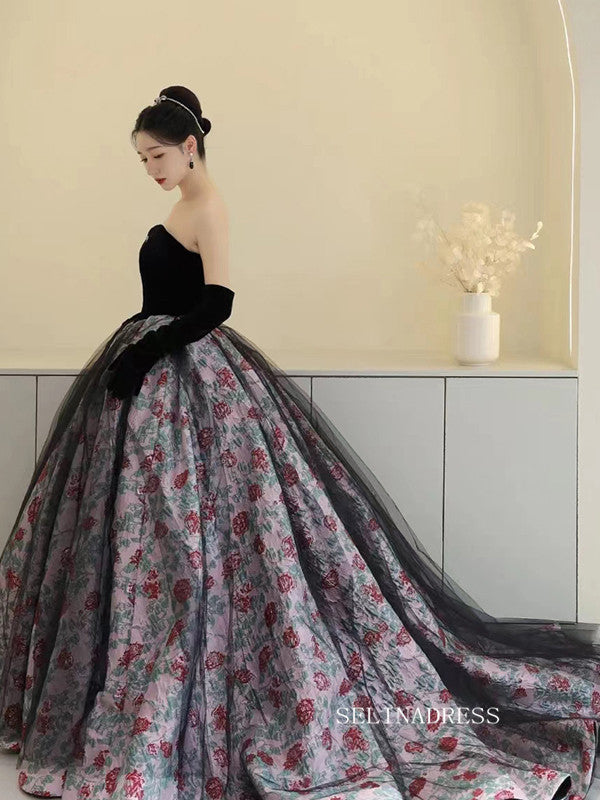 black and white flower prom dress Off Shoulder Floral Two Piece Prom Dress Black/White