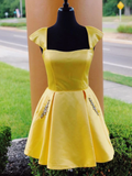 Chic Cap Sleeve Yellow Satin Cute Homecoming Dress With Pockets #MHL075
