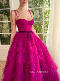 Chic Gorgeous Frill Layered Gown Long Prom Dresses A-line Spaghetti Straps Fuchsia Evening Dresses jkw233|Selinadress