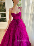 Chic Gorgeous Frill Layered Gown Long Prom Dresses A-line Spaghetti Straps Fuchsia Evening Dresses jkw233|Selinadress