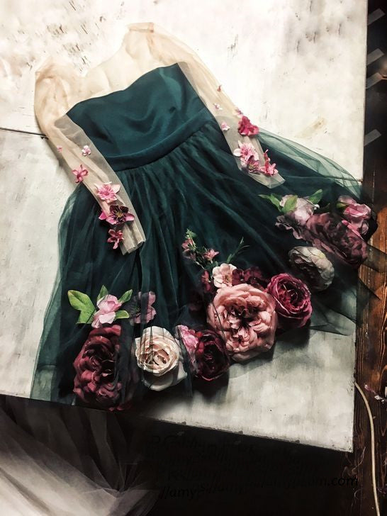 Chic Hand-Made Flower Cute Homecoming Dresses Long Sleeve Short Prom Dress MHL040 - Us Size 2 / Black Chic Hand-Made Flower Cute Homecoming Dresses Long Sleeve Short Prom Dress MHL040 - Us Size 2 / Black