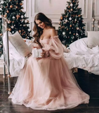 Chic Long Sleeve Off Shoulder Prom Dresses Pink Tulle Evening Dresses Formal Dress POL023|Selinadress