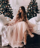 Chic Long Sleeve Off Shoulder Prom Dresses Pink Tulle Evening Dresses Formal Dress POL023|Selinadress