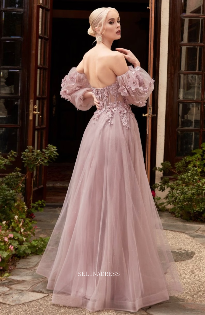 Chic Long Sleeve Prom Dresses Blue Sweetheart Evening Dresses Floral A SELINADRESS Chic Long Sleeve Prom Dresses Blue Sweetheart Evening Dresses Floral A SELINADRESS