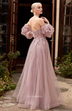 Chic Long Sleeve Prom Dresses Blue Sweetheart Evening Dresses Floral Applique Formal Dress POL024|Selinadress