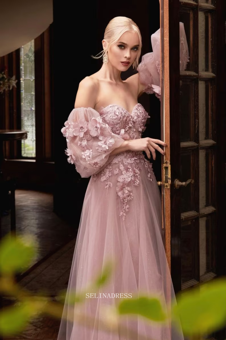 Chic Long Sleeve Prom Dresses Blue Sweetheart Evening Dresses Floral A