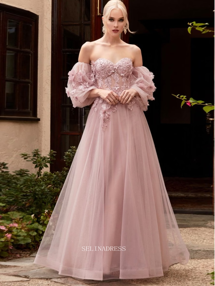 Chic Long Sleeve Prom Dresses Blue Sweetheart Evening Dresses Floral Applique Formal Dress POL024 Chic Long Sleeve Prom Dresses Blue Sweetheart Evening Dresses Floral Applique Formal Dress POL024