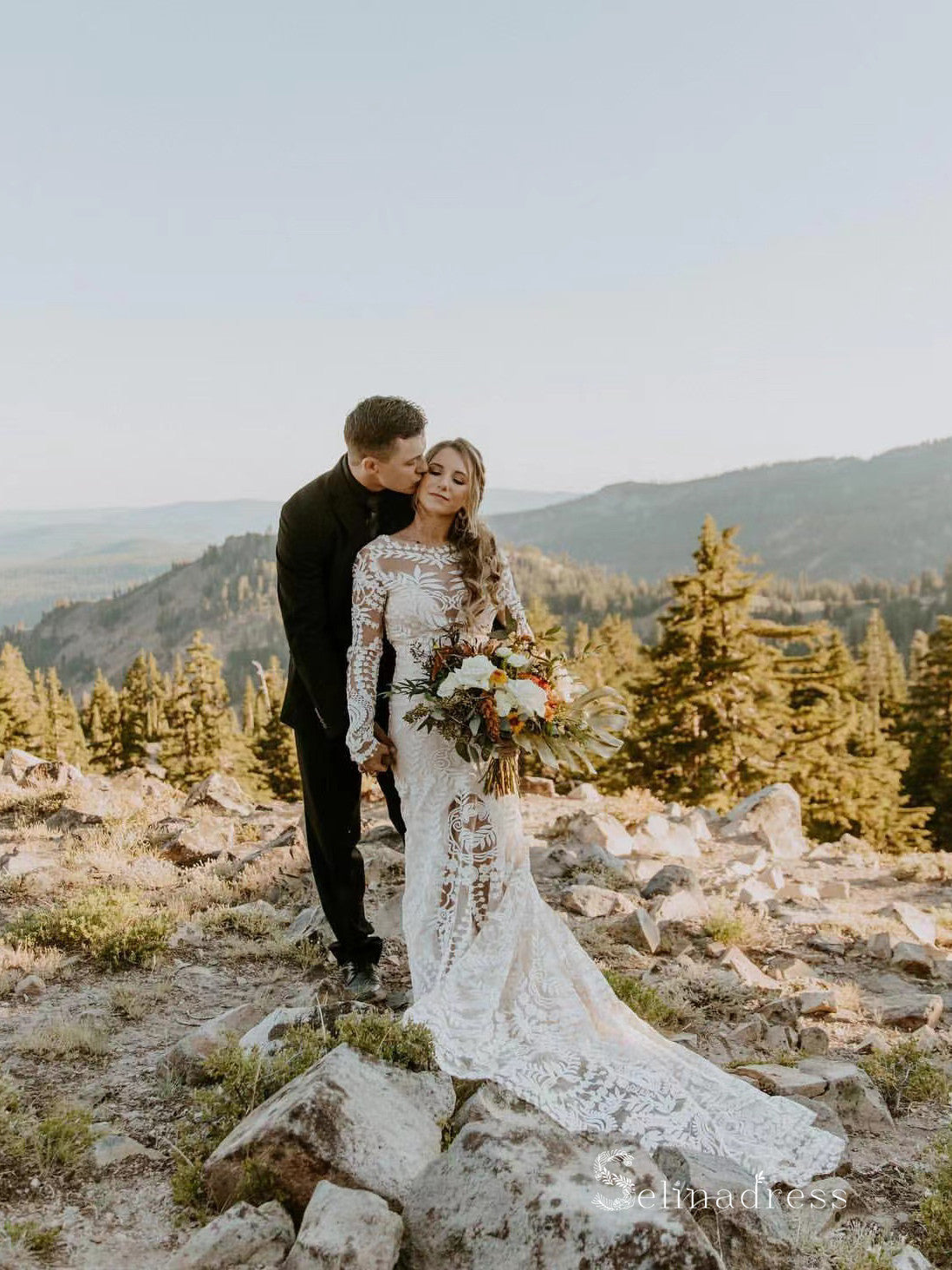 Chic Mermaid Bateau Long Sleeve Rustic Bohemian Wedding Dresses HKL0136|Selinadress