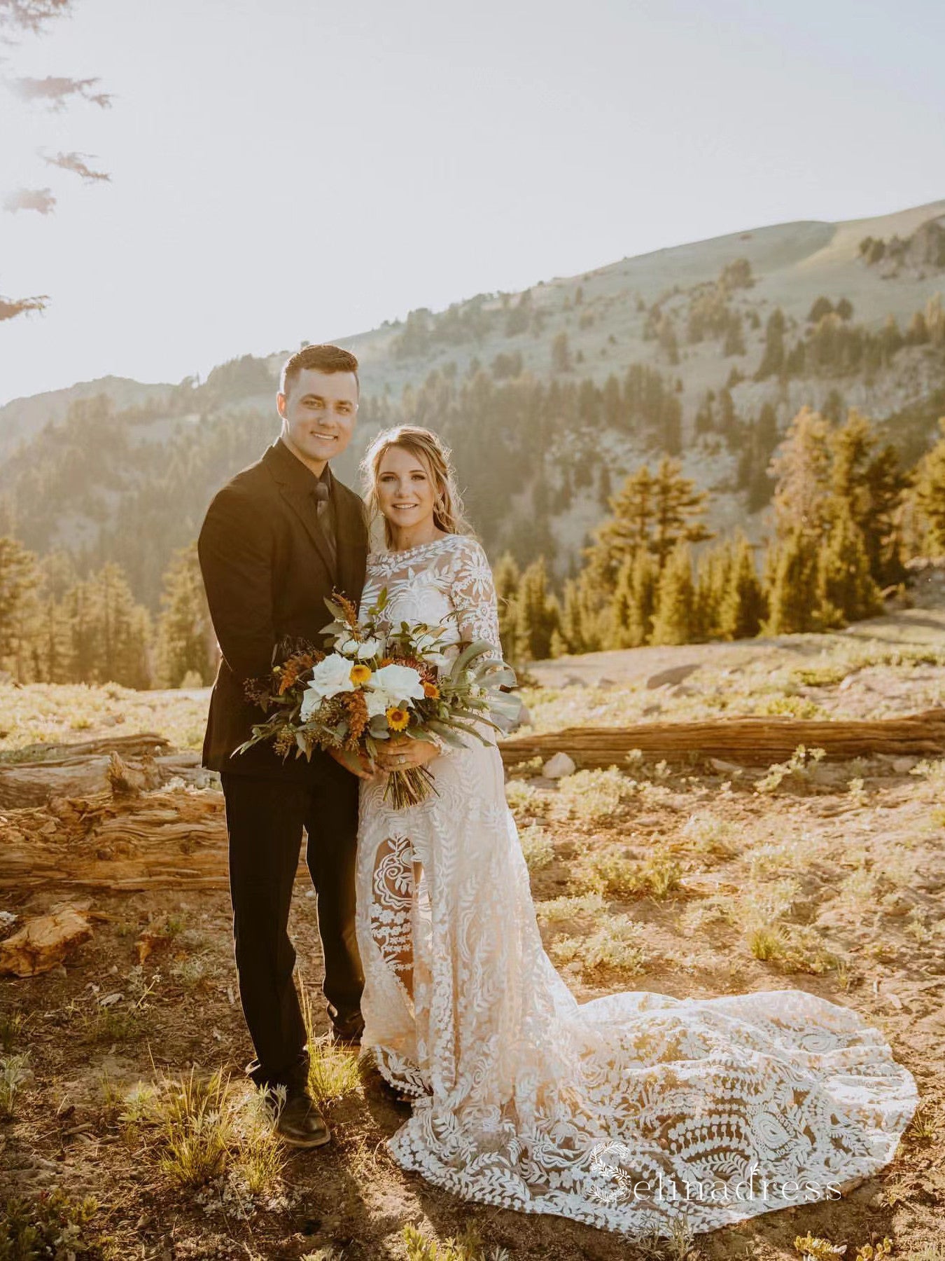 Chic Mermaid Bateau Long Sleeve Rustic Bohemian Wedding Dresses HKL0136|Selinadress