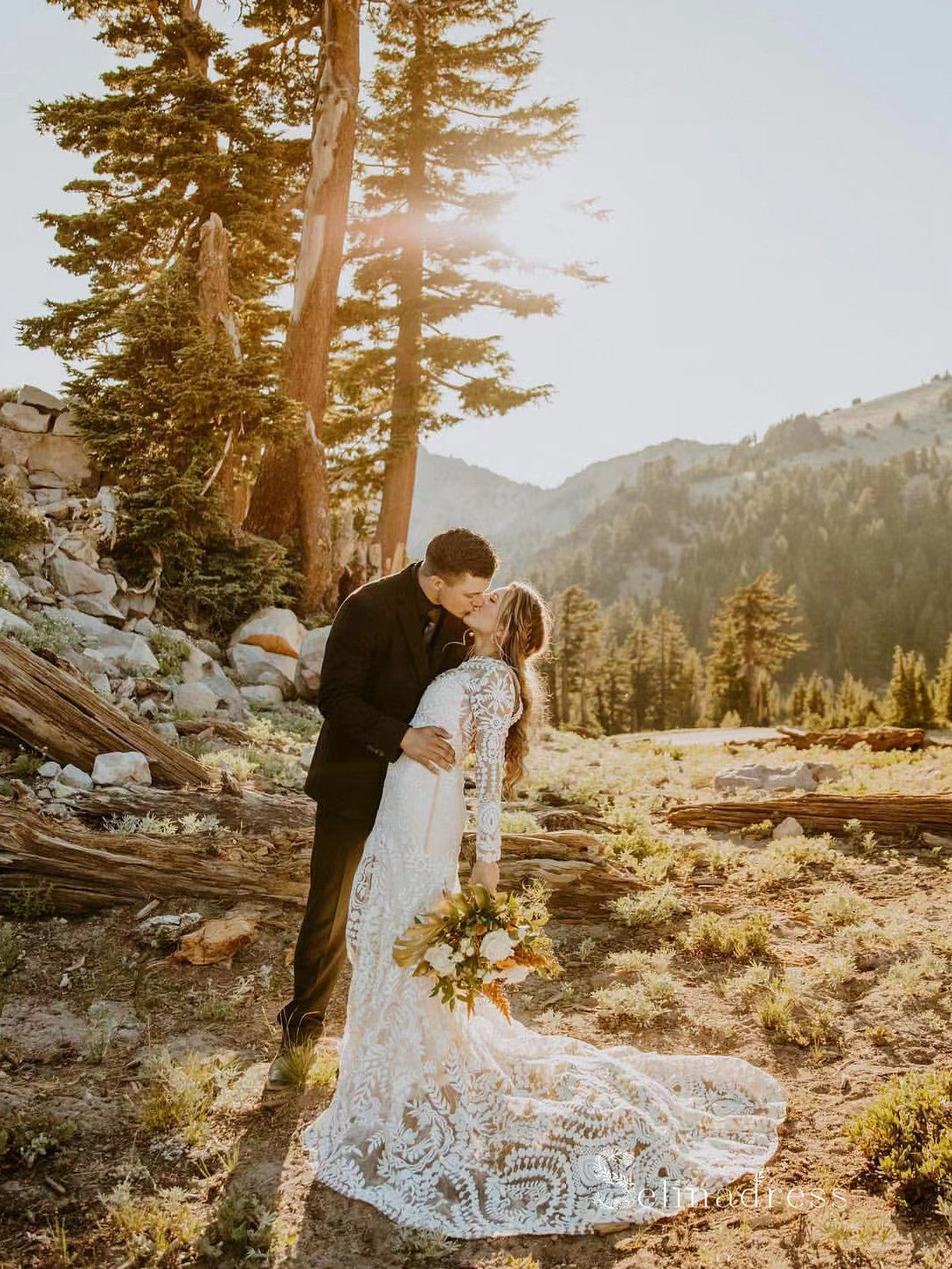 Chic Mermaid Bateau Long Sleeve Rustic Bohemian Wedding Dresses HKL0136|Selinadress