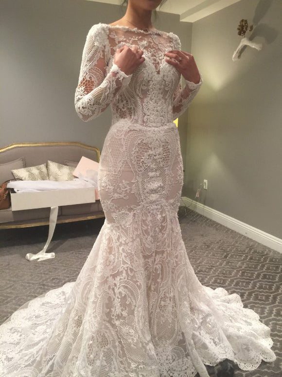 Chic Mermaid Bateau Long Sleeve Rustic Lace Wedding Dress Hoho Bridal Gowns MLS007|Selinadress