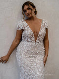 Chic Mermaid Deep V neck Applique Backless Unique Wedding Dress Bridal Gowns HKL0141|Selinadress