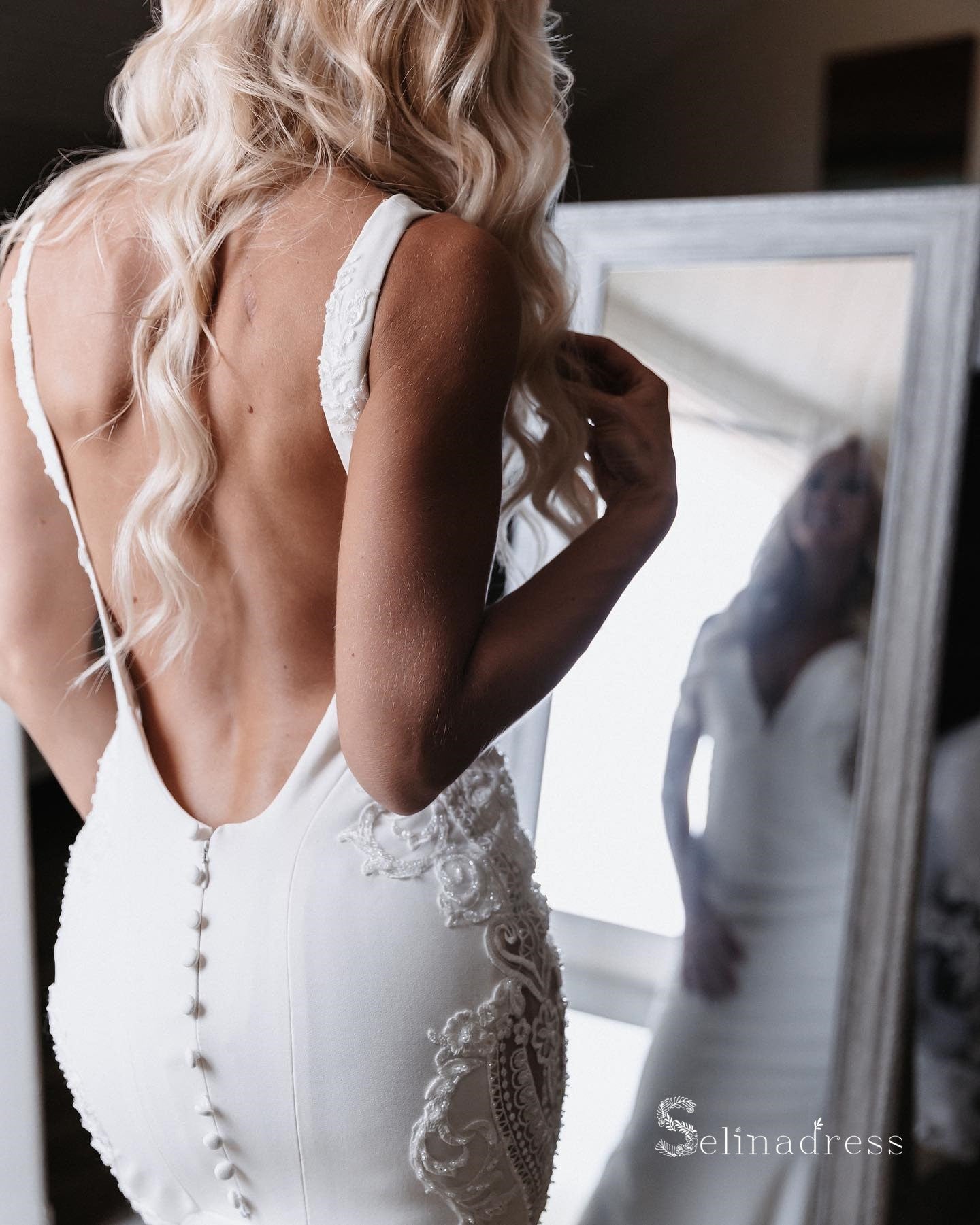 Chic Mermaid Deep V neck Backless Beaded Modest Wedding Dresses MLK049 SELINADRESS Chic Mermaid Deep V neck Backless Beaded Modest Wedding Dresses MLK049 SELINADRESS