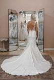 Chic Mermaid Deep V neck Boho Wedding Dress Rustic Backless Lace Wedding Gowns MLS047|Selinadress