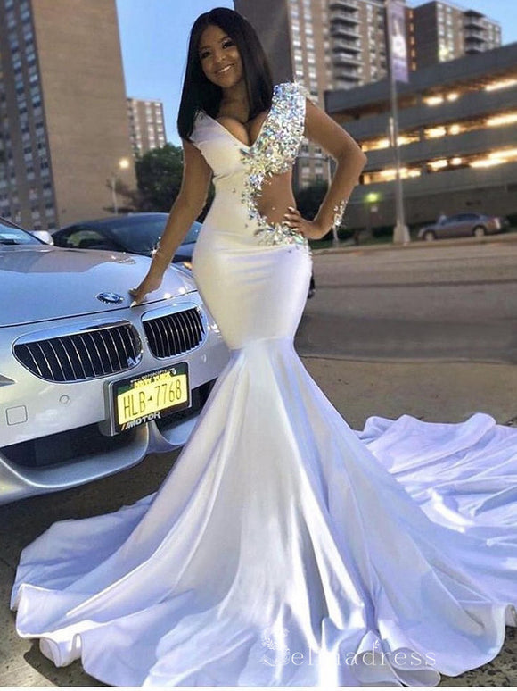 Chic Mermaid Deep V neck White Long Prom Dresses Sexy African Evening Dress CBD398|Selinadress