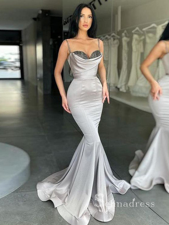 Chic Mermaid Gorgeous Long Prom Dresses Spaghetti Straps Silver Evening Dresses MLH0487|Selinadress