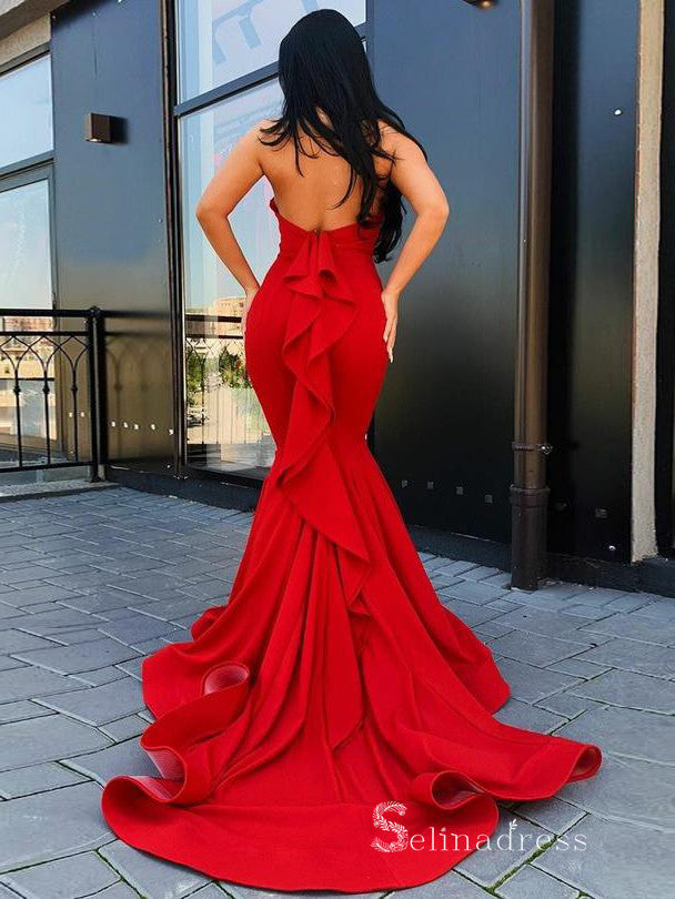 Prom Dresses High Neck Red Gown Glamorous Long Mermaid High Neck