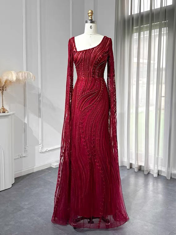 Chic Mermaid Long Sleeve Beaded Prom Dress Red Evening Gowns #OPS004|Selinadress