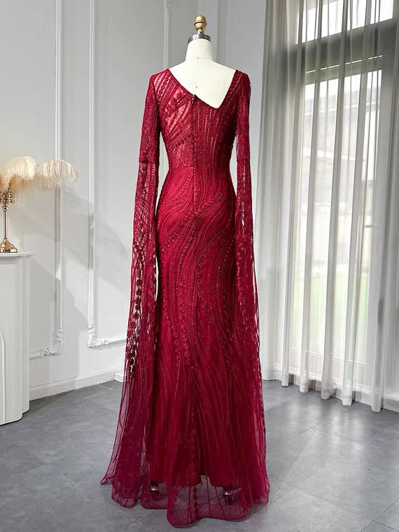 Chic Mermaid Long Sleeve Beaded Prom Dress Red Evening Gowns #OPS004 SELINADRESS Chic Mermaid Long Sleeve Beaded Prom Dress Red Evening Gowns #OPS004 SELINADRESS
