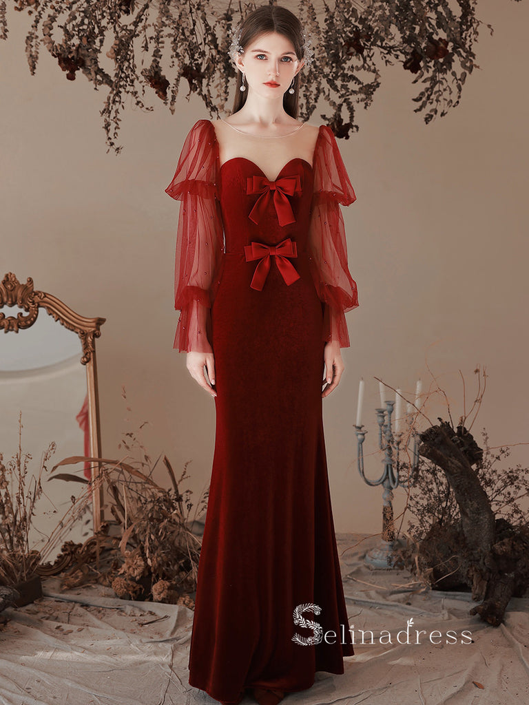 Chic Mermaid Long Sleeve Burgundy Long Prom Dress Cheap Evening Gowns –  SELINADRESS