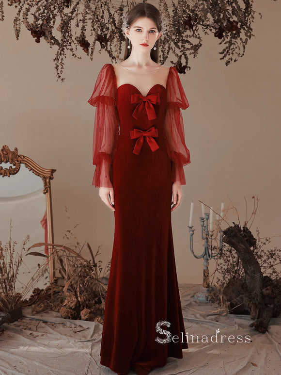 Chic Mermaid Long Sleeve Burgundy Long Prom Dress Cheap Evening Gowns JKR012|Selinadress