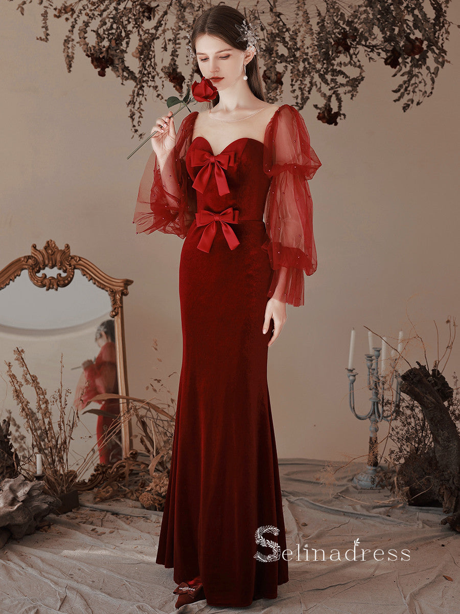 Chic Mermaid Long Sleeve Burgundy Long Prom Dress Cheap Evening Gowns SELINADRESS Chic Mermaid Long Sleeve Burgundy Long Prom Dress Cheap Evening Gowns SELINADRESS