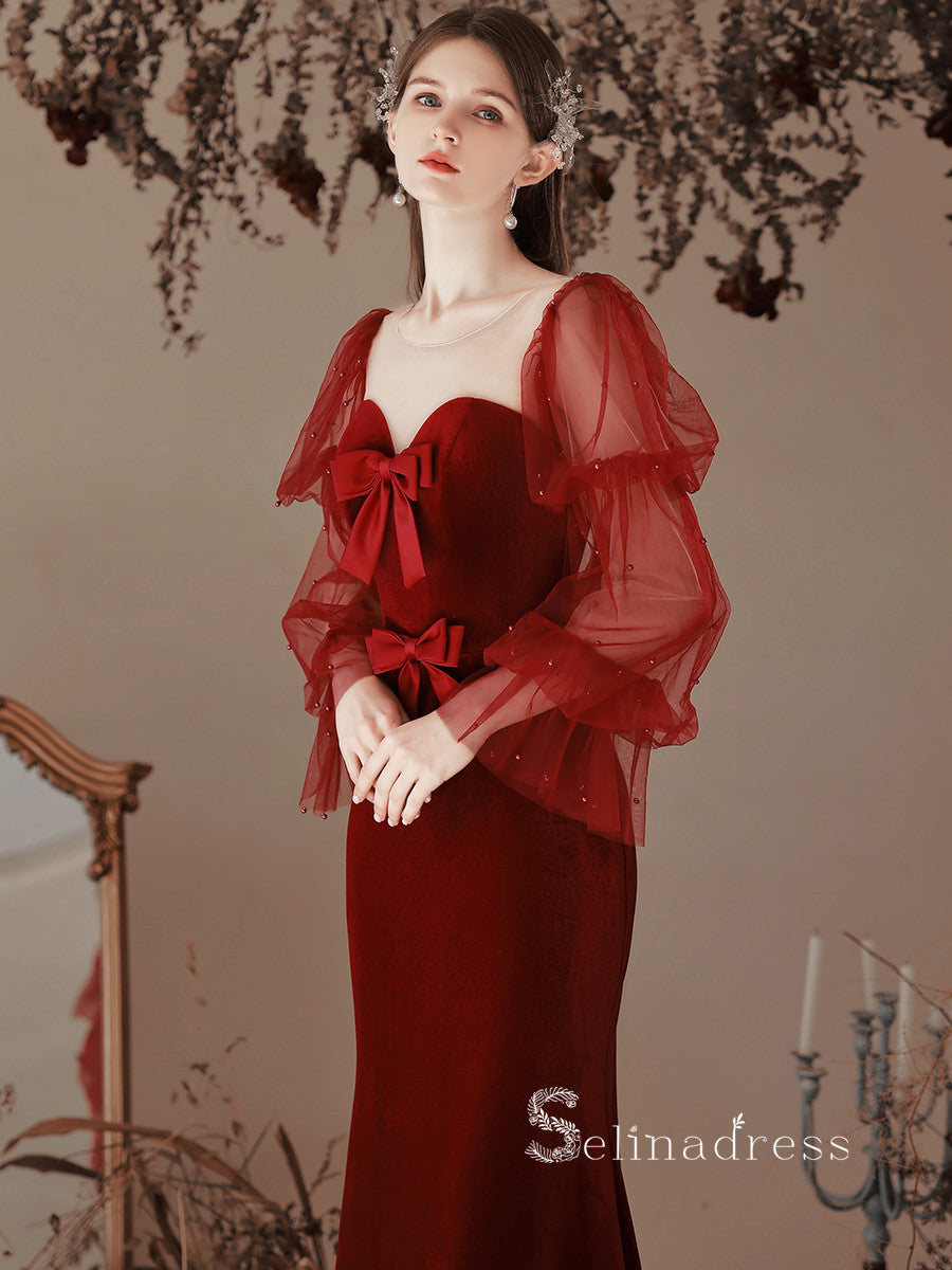 Chic Mermaid Long Sleeve Burgundy Long Prom Dress Cheap Evening Gowns SELINADRESS Chic Mermaid Long Sleeve Burgundy Long Prom Dress Cheap Evening Gowns SELINADRESS