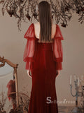 Chic Mermaid Long Sleeve Burgundy Long Prom Dress Cheap Evening Gowns JKR012|Selinadress